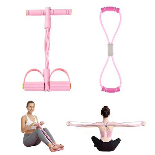 Gomas Elásticas Musculación y Fitness, Set 2 en 1 con Extensor de Pedales de 6 Tubos y Banda Elástica en 8, Bandas de Resistencia para Entrenamiento en Casa, Abdominales, Cintura y Yoga, Rosa