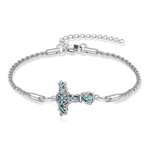 Thor Hammer Bracelet Sterling Silver Viking Compass Mjolnir Pendant Vegvisir Jewelry for Women Men