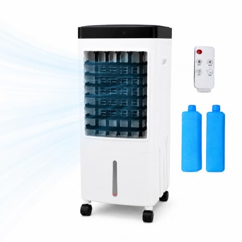 WODHMIEY Enfriador de aire / Aire acondicionado portátil sin manguera de escape, ventilador refrigerado por agua con 3 velocidades de viento, mando a distancia, cajas de hielo y función giratoria para