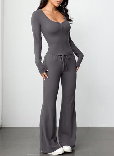 Herseas Women's 2 Piece Outfits Long Sleeve Button Down Tops Flared Pants Tracksuits Casual Lounge Set4