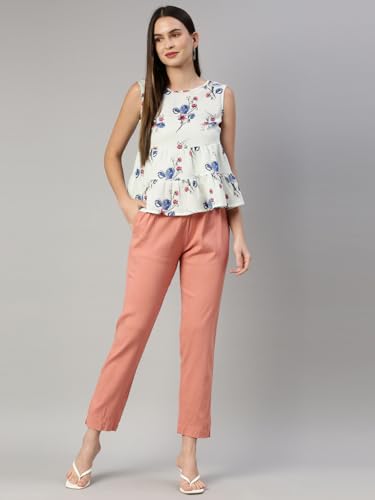 Image of MINELLI Women Solid Cigar Pants, Cotton Lycra Slub Fabric, Elasticated Waistband, Pull On Style, Regular Fit Bottom Wear for Western and Ethnic Wear