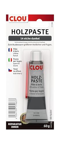 Clou Aqua Holzpaste Holzspachtel: innen Holz Spachtelmasse zum Ausbessern von Löchern, Dellen, Rissen in Möbeln, Türen, Parkett und Laminat - eiche dunkel, 60 g