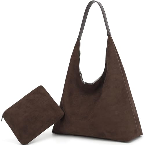 Suede Tote Bag for Women, Super Soft Slouchy Hobo Bags, Large Capacity Work Handbags, Vintage Suede Purses (Coffee)