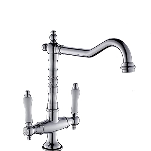 RajoNN Fregadero de cocina de latón con 2 asas montado en cubierta de agua caliente y fría, rotación de 360°, grifo de fregadero de cocina comercial, estilo europeo, cromado