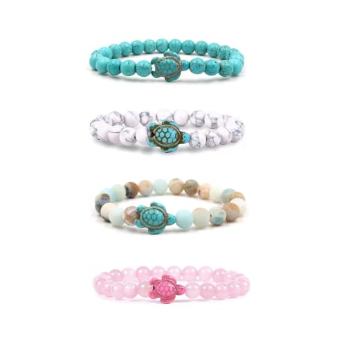Pingyongchang 4pcs Sea Turtle Beads Bracelets Set,Elastic Natural Stone Stretch Lava Bracelet Anklet for Women Men,Supports the Sea Turtle Conservancy,Friendship Couple Turquoise Bracelets