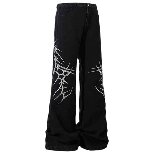BXCNCKD Men's Street Fashion Casual Straight Leg Pants with Thorn Pattern Jeans and Loose Wide Leg Pants