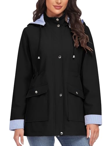 heekpek Veste Imperméable Femme Longue Coupe Vent Rayé Parka de Pluie avec Capuche Léger Manteau Mi Saison Vêtements Printemps Automne Vestes Zippé Chic...