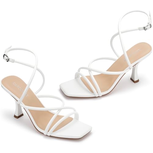 Carcuume Women's Square Toe Strappy Lace Up Heeled Sandals Ankle Buckle Kitten Heel,GINAS-WHITE PU-7.5 by Carcuume - Used condition - Image 4