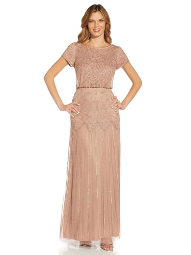 Image of Adrianna Papell Boat Neck Short Sleeve Blouson Beaded Gown