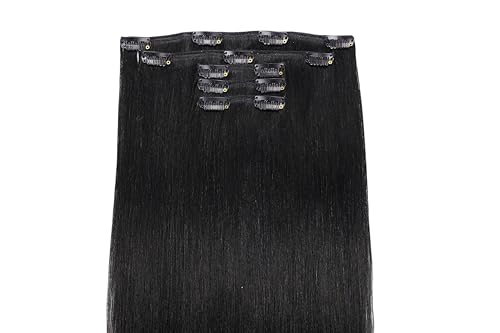 Image of LaaVoo Yaki Straight Clip in Hair Extensions Real Human Hair Jet Black - Textured Yaki Mimicking Relaxed African Hair for a Natural Voluminous Look 100g 5pcs 18 Inch