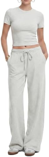 Flevita Womens Two Pcs Lounge Sets Short Sleeve Slim T-shirt and High Waisted Wide Leg Pants with Pockets Soft Pajama Set 29" Inseam Pants Grey M - 1