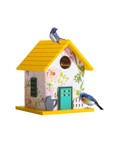 Spring Melody Bluebird House, Composite Material Nesting Box, Hanging Birdhouse for Blue Bird,Sparrow, Chickadee, Birdhouse for Outside, 5 Years Weatherable Bird Box on Post for Pole (Garden Cottage)