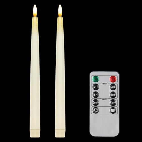 Image of CVHOMEDECO. Flameless Taper Candles with 10-Key Remote, Battery Operated Led Flickering 3D Wick Window Candles Real Wax Finished Home Christmas Party Decor 0.78 x 11 Inch, Pack of 2 (Ivory)