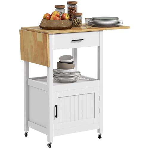 HOMCOM Servierwagen, Küchenwagen, Rollwagen, Aufbewahrungsmöbel mit klappbarer Platte, Schublade und Schrank mit 2 Holztüren, Maße: 59,5 x 45,5 x 89 cm (L x B x H) – Weiß