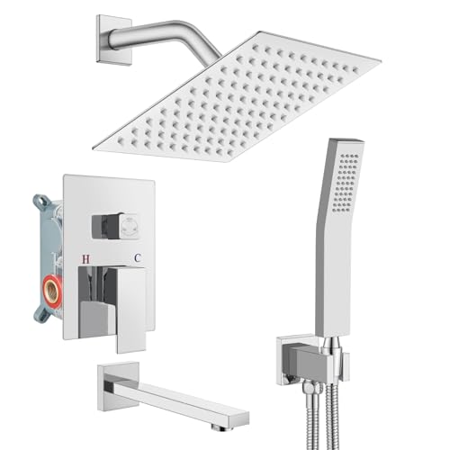 gotonovo Shower System with Tub Spout Wall Mounted Rain Shower Head and Handle Combo Shower Faucet Set with Valve, 8 Inch, Polish Chrome by gotonovo - Used condition - US$88.17