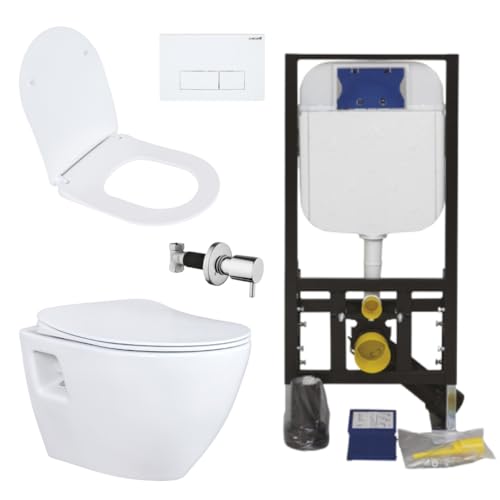 Creavit Hänge WC Set Weiß spülrandlos mit Edelstahl Bidet, Softclose WC Sitz und 3/6 L Vorwandelement Unterputz Komplettset
