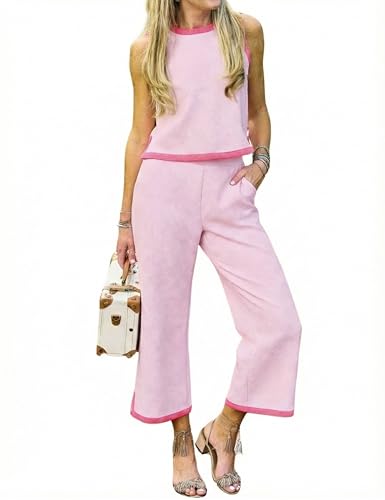 Hooever Two Piece Sets for Women Color Block Cropped Tank