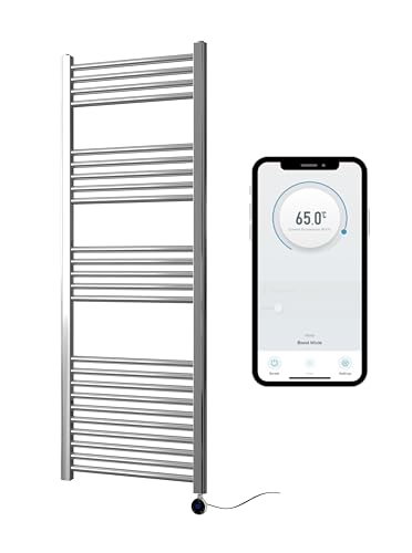 Greened House Chrome Electric Smart WiFi Controlled Heated Towel Rail 500mm W x 1400mm H Flat 7 Day Programmable Timer App Compatibility