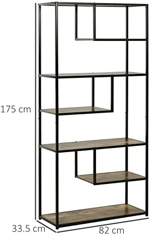HOMCOM Wood Shelf Bookcase Industrial Style Stand 6-Staggered Shelf Living Room Display Rack Organiser
