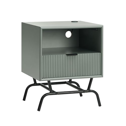 Mesa auxiliar moderna de 18 pulgadas con puertos USB y cajón de panel 3D, estante de almacenamiento abierto, mesita de noche, muebles decorativos para sala de estar, dormitorio, habitación de