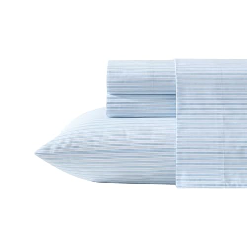 Image of Laura Ashley - Full Size Sheet Set, Crisp & Lightweight Cotton Percale Bedding with Fitted Sheet and Pillowcases, Striped Room Decor, Deep Pocket, College Dorm Room Essentials (Bedford Skinny Blue)