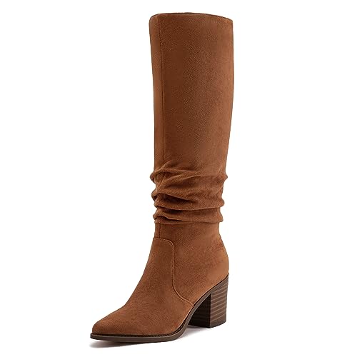 Athlefit Womens Knee High Chunky Heel Boots Faux Suede Pointed Toe Side Zipper Boots