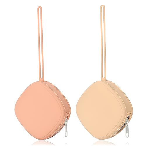 Image of AULEGE Silicone Pacifier Holder Case, Baby Binky Silicone Cover Pouch, Silicone Pacifier Storage Case for Diaper Bag, 2 Pack (Muted, Apricot)