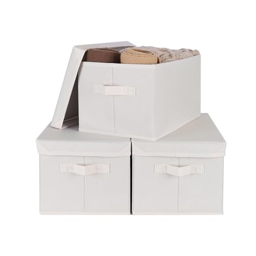 Image of WUIKE Fabric Storage Bins with Lids, Decorative Boxes, Beige, Large, 3-Pack