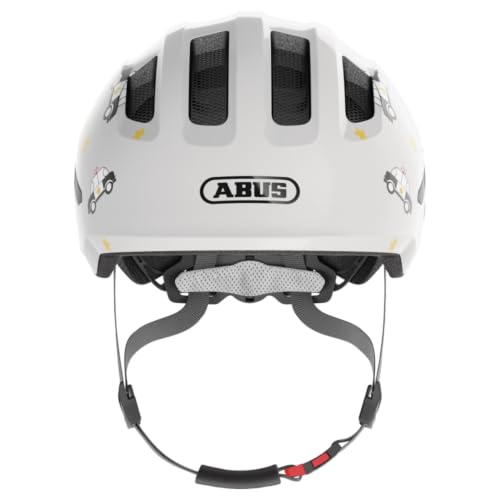 ABUS Kinderhelm Smiley 3.0 - Fahrradhelm mit tiefer Passform, kindergerechten Designs & Platz für einen Zopf - für Mädchen und Jungs - Grau mit Auto-Muster, Größe S