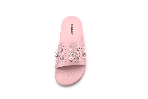 Mila Lady Womens Pearl Slides Sandals Slipper for Indoor Outdoor Beach Casual Shoes, Sandy Pink 8