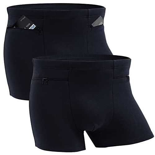 Men's Boxer Briefs Secret Hidden Pocket, 2 Packs Travel Underwear with Secret Front Pockets (Dark Blue)