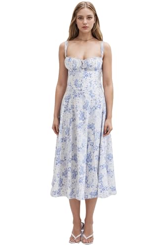 Image of Women Floral Corset Dress 2026 Boho Midi Sundress Summer Dress | Flowy A-Line Dress with Adjustable Spaghetti Straps Lace Up Back Front Slit High Waist for Vacation Wedding Guest