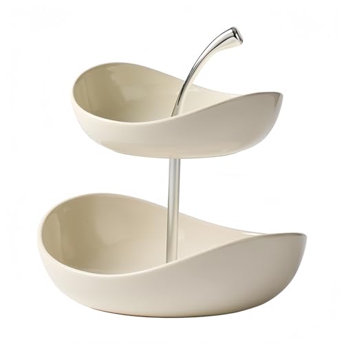GUASDIE Vassoio per frutta a doppio strato Ciotola per frutta in ceramica a 3 livelli Ciotole da portata in ceramica multistrato con supporto in metallo, vassoio da portata,Crema,Double Layer