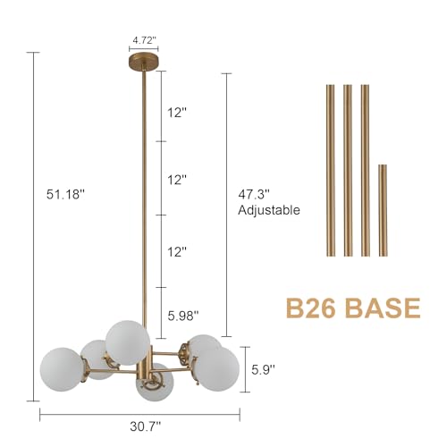 Image of 6-Lights Sputnik Chandeliers Gold Mid Century Modern Chandelier Fixture with Milk White Globe Glass, Dining Light Fixtures Ceiling Hanging for Living Room Bedroom Kitchen Island Foyer