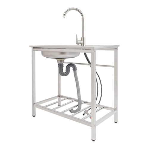 Etrhdfyts Fregadero de cocina de acero inoxidable con armario inferior, fregadero independiente con grifo frío y caliente, manguera de drenaje, fregadero de cocina para restaurante, cocina al aire