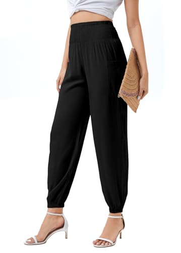 DONGDAOZHU Women's Boho Yoga Harem Pants, High Waist Flowy Lounge Pants Tummy Control Lightweight Soft Travel with Pockets (M, Black)