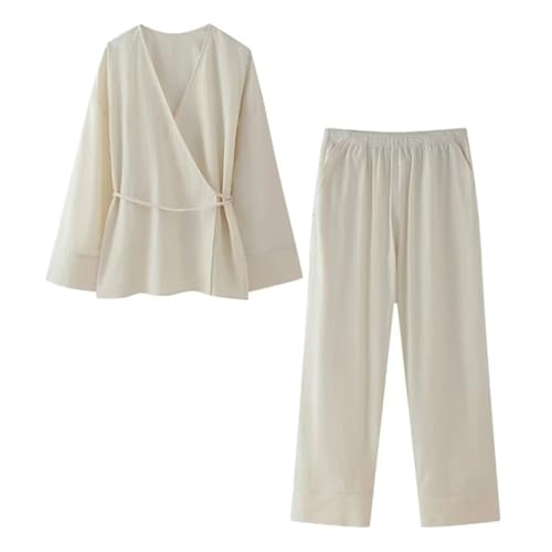 Women's Set Trousers Double Placket Kimono Style Top Chic Suit
