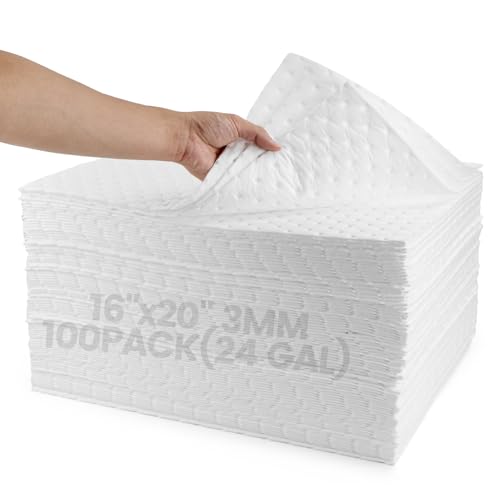 Image of Oil Absorbent Pads | 16 inchx20 inch Oil-Only Spill Mat 100-Pack | Industrial Spill Control for Oil & Fuel(24 Gal /Box) | Repels Water Absorbing Sheets
