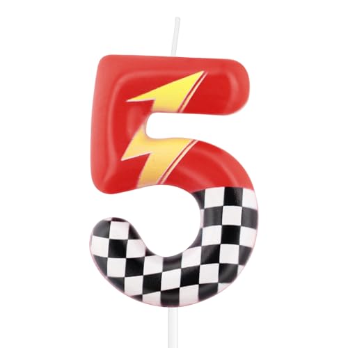 mciskin Velas de aniversário vermelhas Racing 5, decorações de 5º aniversário para crianças, velas vermelhas com número 5 para bolo, carros de anime para decorações de festa temática de carros de