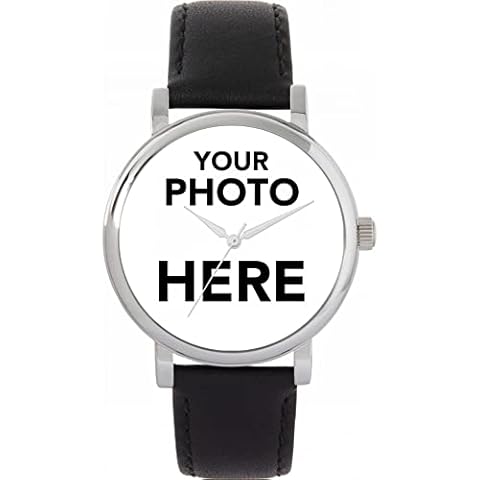 Toff London Personalised Photo Gifts for Women, Analogue Display, Japanese Quartz Movement Watch with Black Leather Strap, Custom Made Engraved Watch Cover