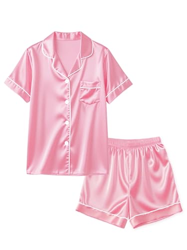 BINPAW Girls Pajama Set Silk Pajamas Satin Pjs Short Sleeve Sleepwear
