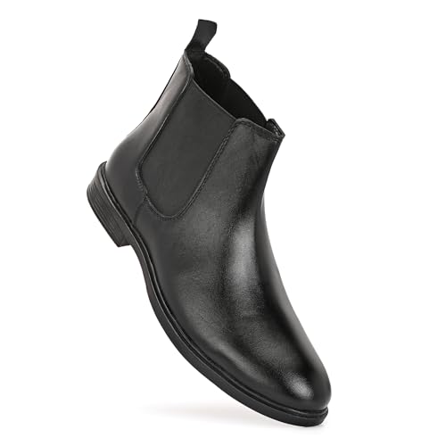 Image of Men's Chelsea Boots, Black Leather, Elastic Side Panel, Pull-On Style, Low Heel