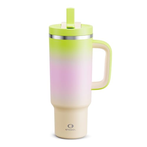 Image of ENCOOL 40 oz Tumbler with Handle and Straw: Stainless Steel Insulated Tumbler Keeps Cold for 24 Hours, Leakproof Travel Cup Fits in Cup Holder and BPA-Free, Morning Dew