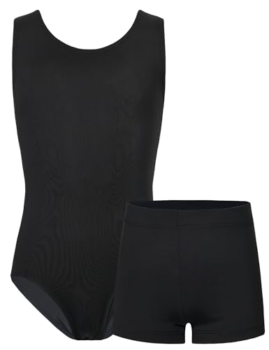 TENVDA Girls Gymnastics Leotards Size 10-12 Years Old Solid Black Sleeveless Tumbling Outfit Bodysuit Matching Shorts Sets