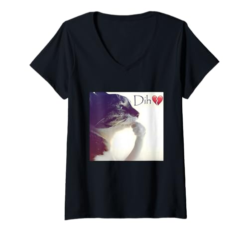 Women's Dih Funny Thinking cat Meme Silly brainrot Kitten V-Neck T-Shirt