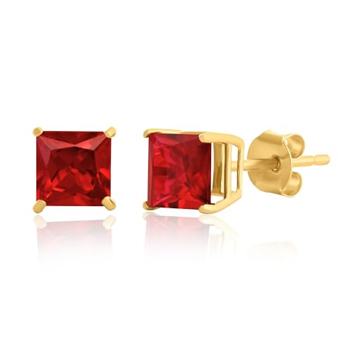 Amazon Essentials Yellow 10K Gold Princess cut Created Ruby Stud Earrings (5mm) Red