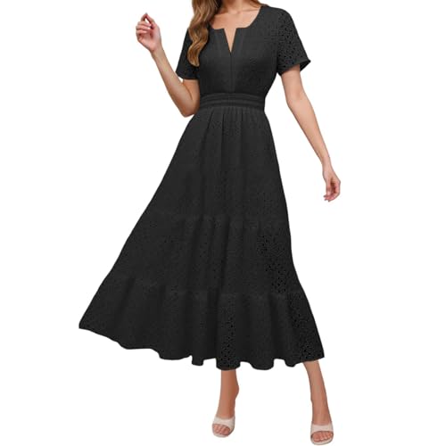 Maxi Dresses for Women UK Hollow Out Eyelet Ruffle Swing A Line S...