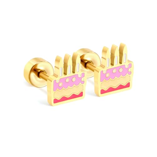 20g Birthday Cake Gold Plated Flat Screw Back Small Stud Earrings for Women Minimalist Cute Surgical Steel Happy Birthday Pink Enamel Piercing Sleeper Tiny Studs Hypoallergenic Unique Birthday Gift for Daughter Her