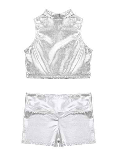 Kaerm Kids Girls Shiny Metallic Dance Gymnastics Workout Outfits Mock Neck Tank Top and High Waist Shorts Bottoms Set4