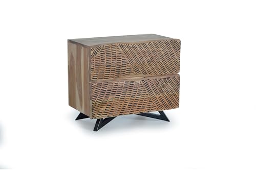 Mesita de Noche - Mueble de Dormitorio - Mesilla de Madera maciza de acacia y metal – Frontales tallados con relieve gráfico – Mesita Pequeña – Moderno y Funcional -Natural y negro – 56 x 50 x 40 cm